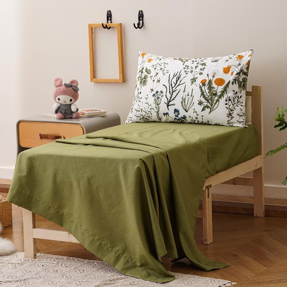 4Pieces Green White Floral Toddler Bedding Sets for Girls's Room | Boho Comforter Sets, Green Yellow Leaves Pattern on White, Soft Crib Bed Set