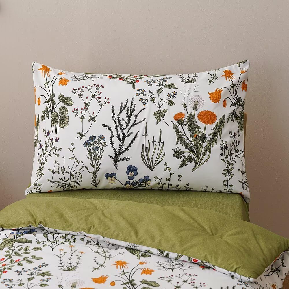 4Pieces Green White Floral Toddler Bedding Sets for Girls's Room | Boho Comforter Sets, Green Yellow Leaves Pattern on White, Soft Crib Bed Set