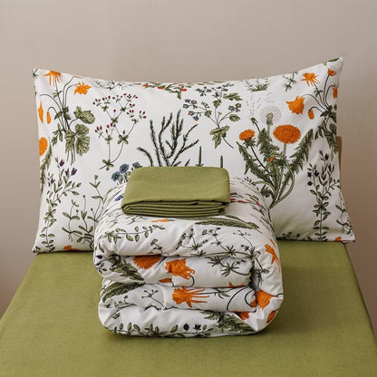 4Pieces Green White Floral Toddler Bedding Sets for Girls's Room | Boho Comforter Sets, Green Yellow Leaves Pattern on White, Soft Crib Bed Set
