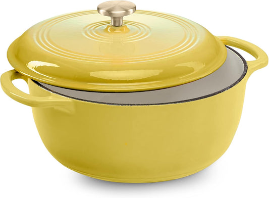 7.5 Quart Enamel Cast-Iron Round Dutch Oven, Family Style Heavy-Duty Pre-Seasoned Cookware for Home, Kitchen, Dining Room, Oven Safe w/Lid, Dual Handles - Lemon Meringue