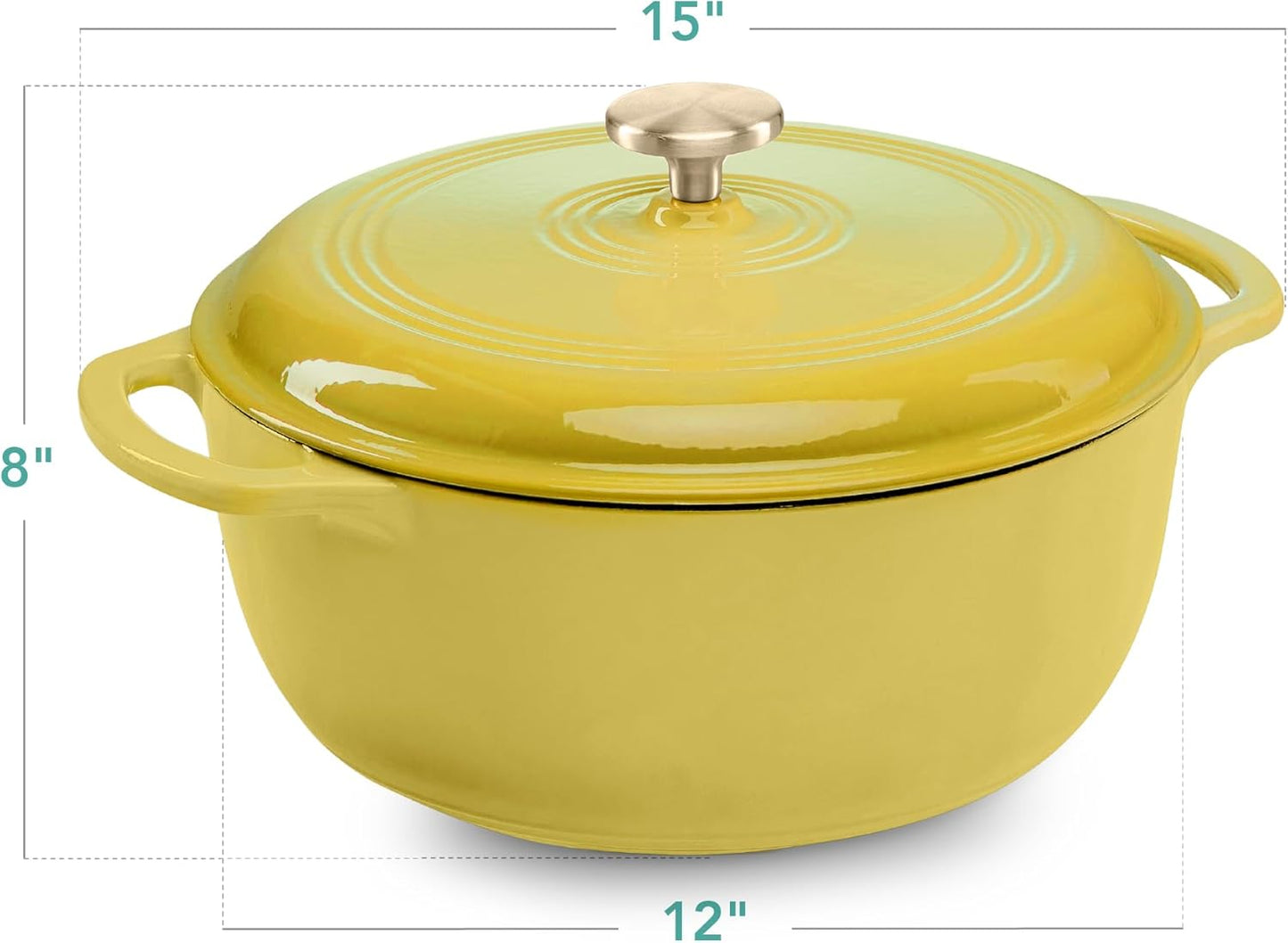 7.5 Quart Enamel Cast-Iron Round Dutch Oven, Family Style Heavy-Duty Pre-Seasoned Cookware for Home, Kitchen, Dining Room, Oven Safe w/Lid, Dual Handles - Lemon Meringue
