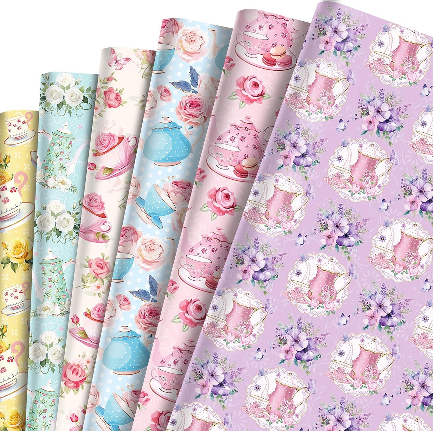 Tea Party Wrapping Papers - 6 Sheets 27” x 20” Elegant Teapot & Pink Floral Gift Wrap Paper for Tea Party, Birthday, Wedding, Bridal Shower Baby Shower, Garden Party Favors