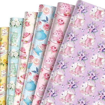 Tea Party Wrapping Papers - 6 Sheets 27” x 20” Elegant Teapot & Pink Floral Gift Wrap Paper for Tea Party, Birthday, Wedding, Bridal Shower Baby Shower, Garden Party Favors