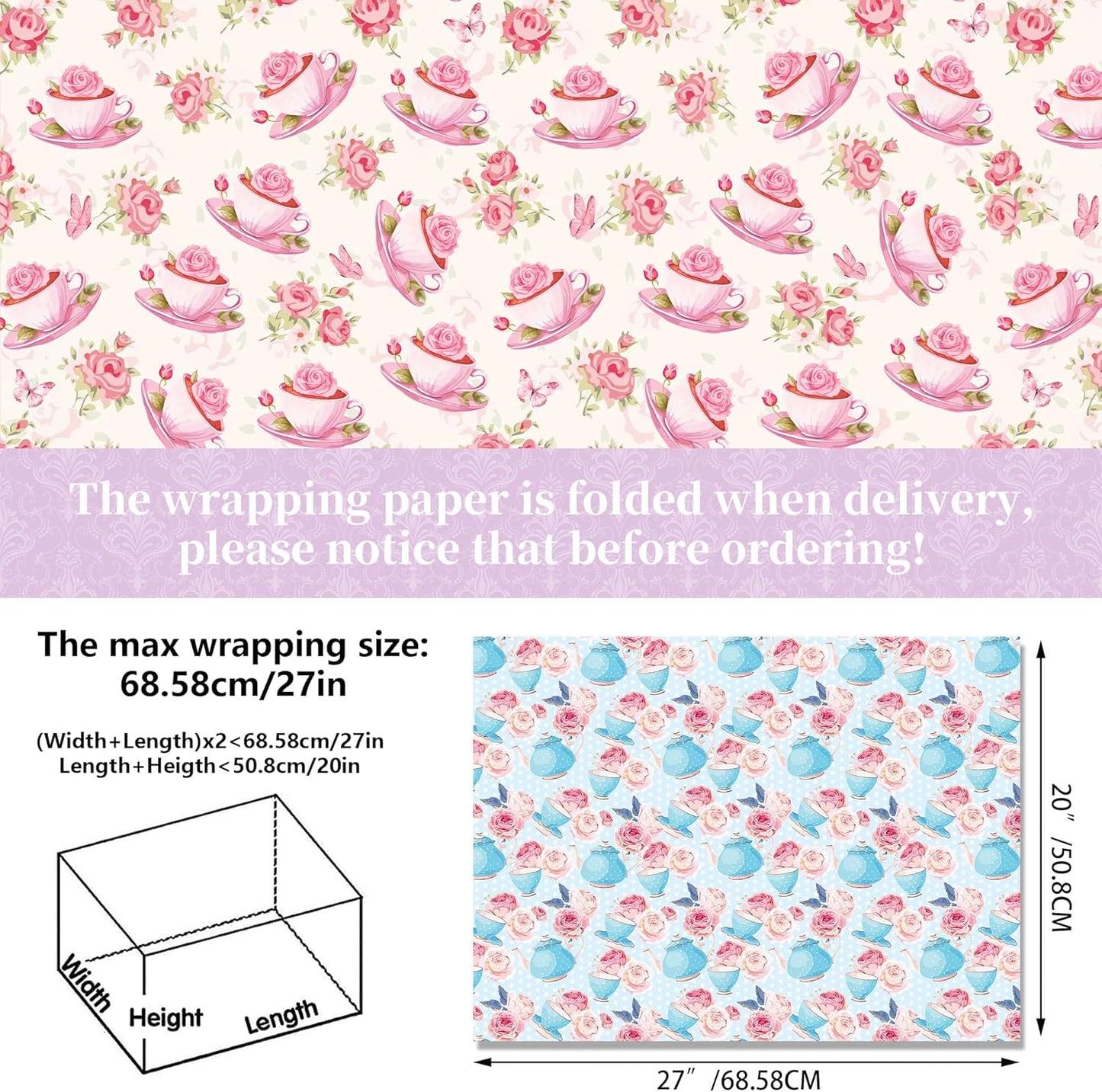 Tea Party Wrapping Papers - 6 Sheets 27” x 20” Elegant Teapot & Pink Floral Gift Wrap Paper for Tea Party, Birthday, Wedding, Bridal Shower Baby Shower, Garden Party Favors