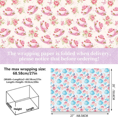 Tea Party Wrapping Papers - 6 Sheets 27” x 20” Elegant Teapot & Pink Floral Gift Wrap Paper for Tea Party, Birthday, Wedding, Bridal Shower Baby Shower, Garden Party Favors