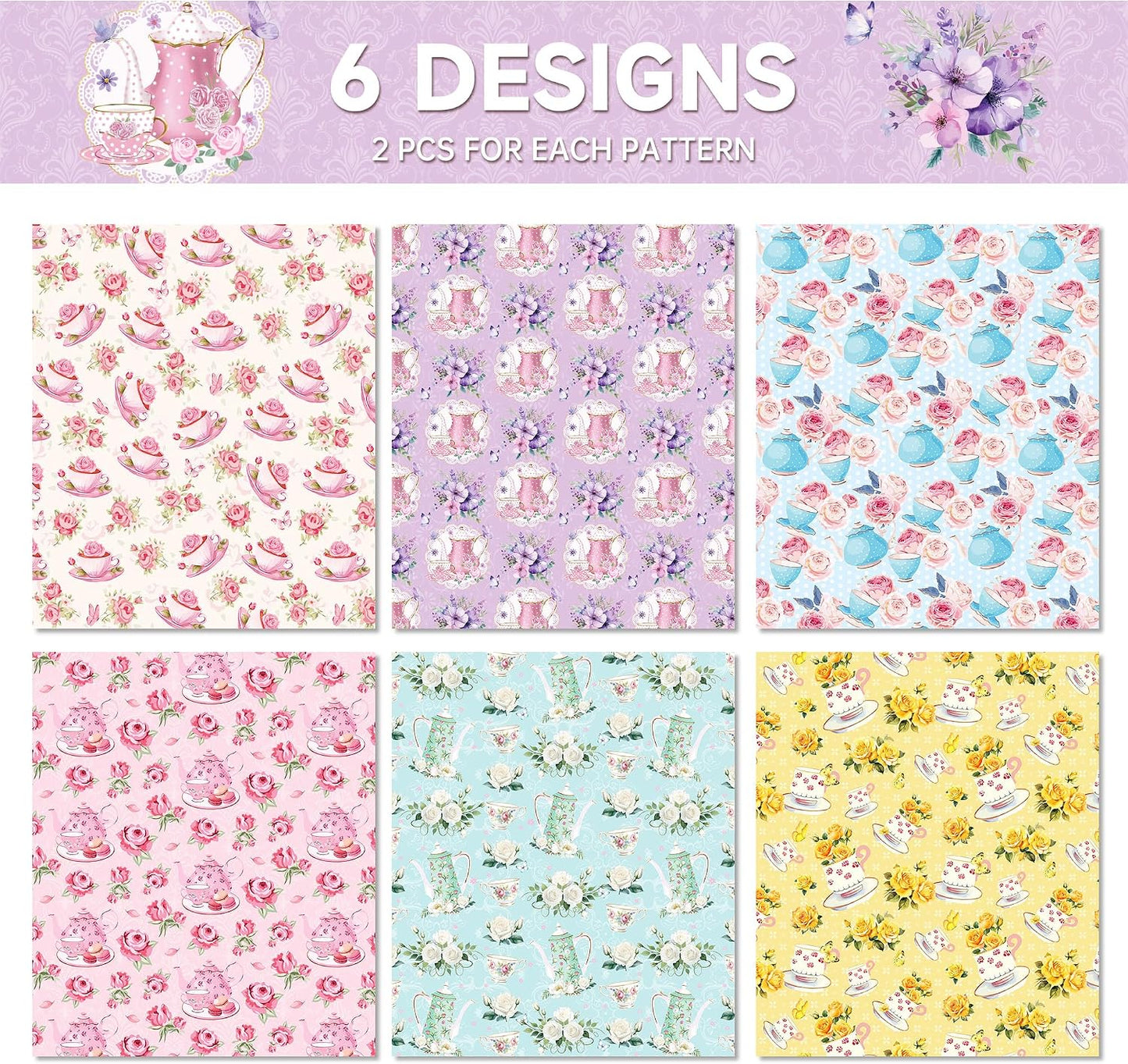 Tea Party Wrapping Papers - 6 Sheets 27” x 20” Elegant Teapot & Pink Floral Gift Wrap Paper for Tea Party, Birthday, Wedding, Bridal Shower Baby Shower, Garden Party Favors