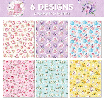 Tea Party Wrapping Papers - 6 Sheets 27” x 20” Elegant Teapot & Pink Floral Gift Wrap Paper for Tea Party, Birthday, Wedding, Bridal Shower Baby Shower, Garden Party Favors
