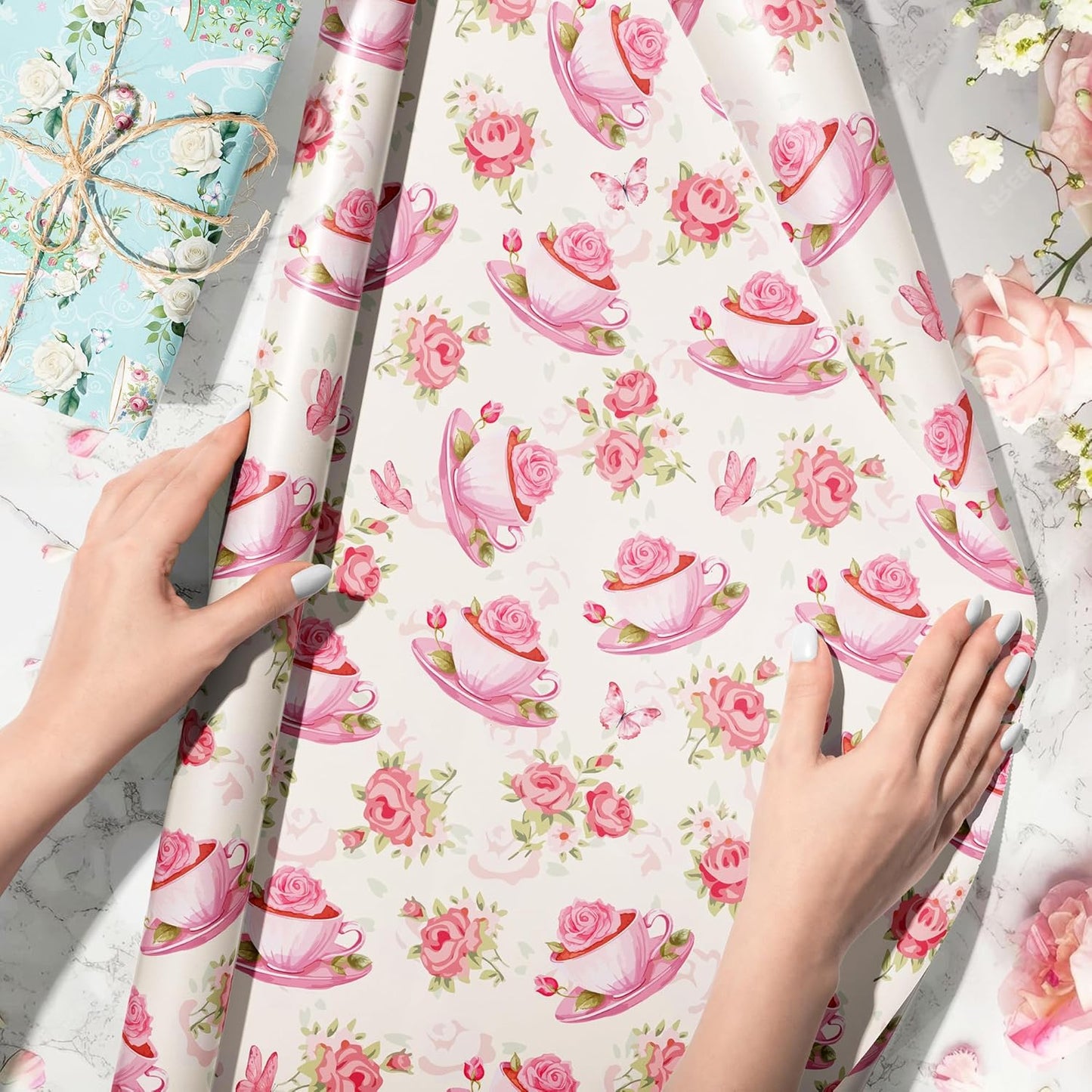 Tea Party Wrapping Papers - 6 Sheets 27” x 20” Elegant Teapot & Pink Floral Gift Wrap Paper for Tea Party, Birthday, Wedding, Bridal Shower Baby Shower, Garden Party Favors