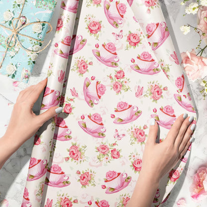 Tea Party Wrapping Papers - 6 Sheets 27” x 20” Elegant Teapot & Pink Floral Gift Wrap Paper for Tea Party, Birthday, Wedding, Bridal Shower Baby Shower, Garden Party Favors