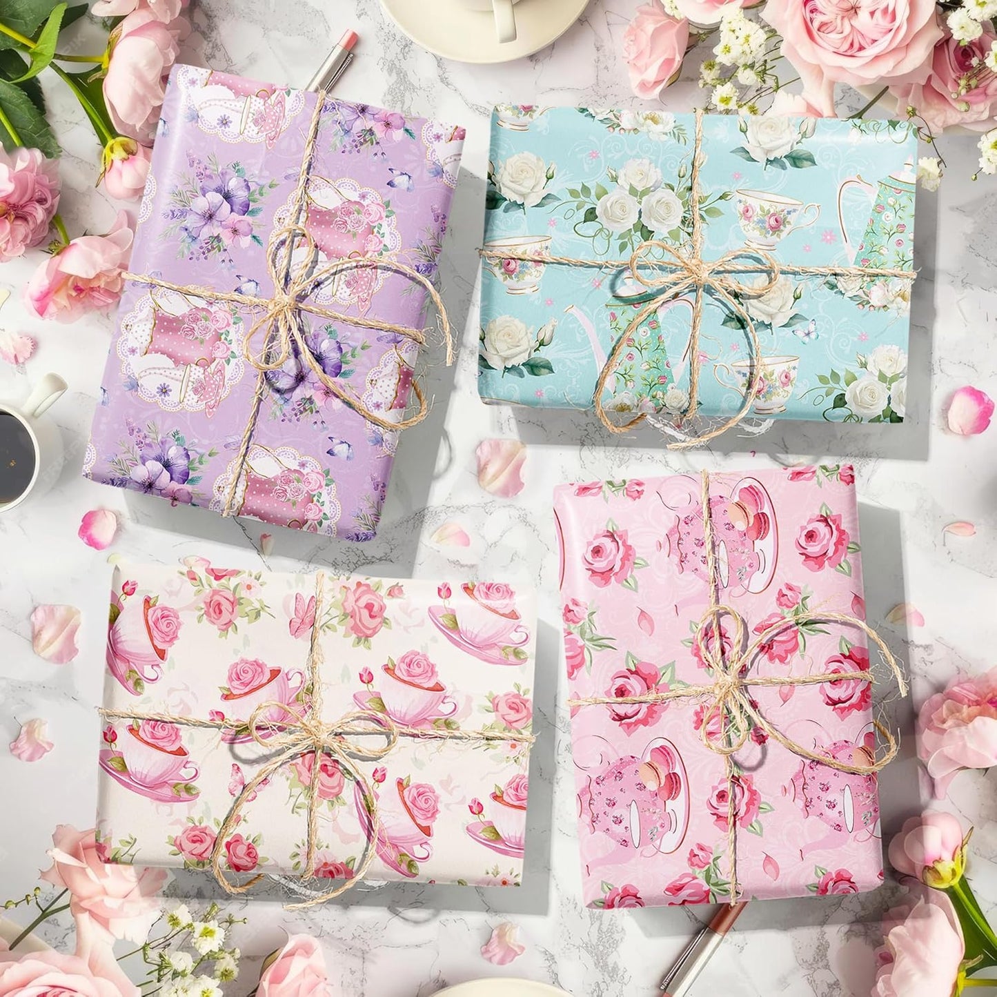 Tea Party Wrapping Papers - 6 Sheets 27” x 20” Elegant Teapot & Pink Floral Gift Wrap Paper for Tea Party, Birthday, Wedding, Bridal Shower Baby Shower, Garden Party Favors