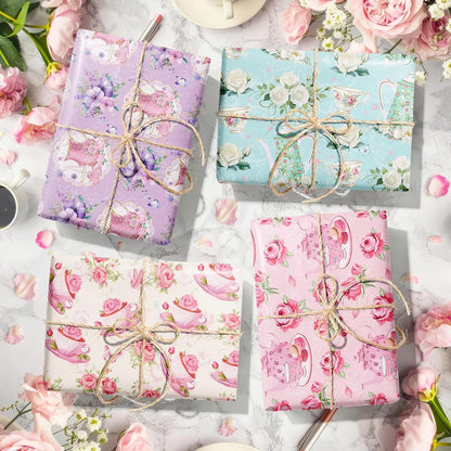 Tea Party Wrapping Papers - 6 Sheets 27” x 20” Elegant Teapot & Pink Floral Gift Wrap Paper for Tea Party, Birthday, Wedding, Bridal Shower Baby Shower, Garden Party Favors