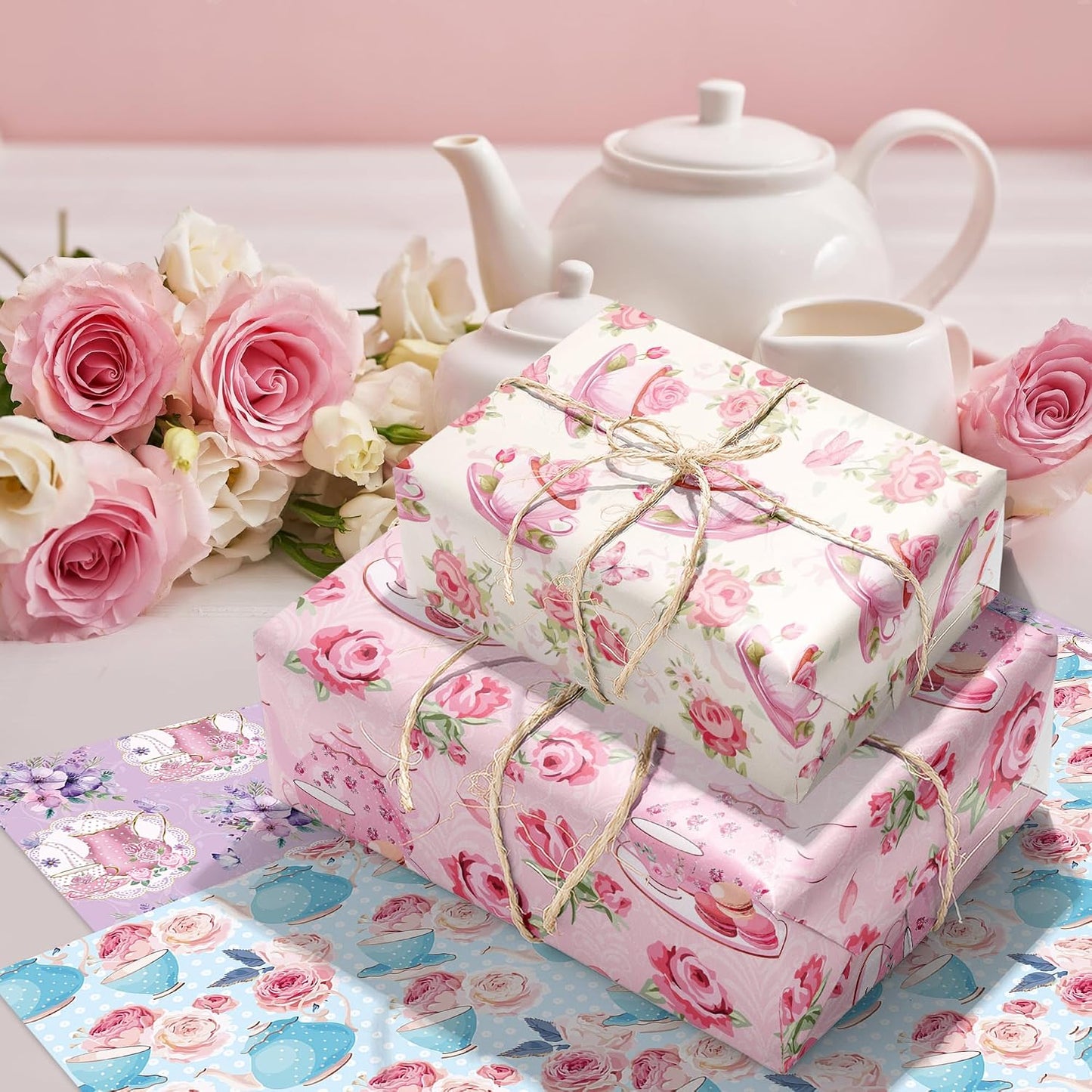 Tea Party Wrapping Papers - 6 Sheets 27” x 20” Elegant Teapot & Pink Floral Gift Wrap Paper for Tea Party, Birthday, Wedding, Bridal Shower Baby Shower, Garden Party Favors