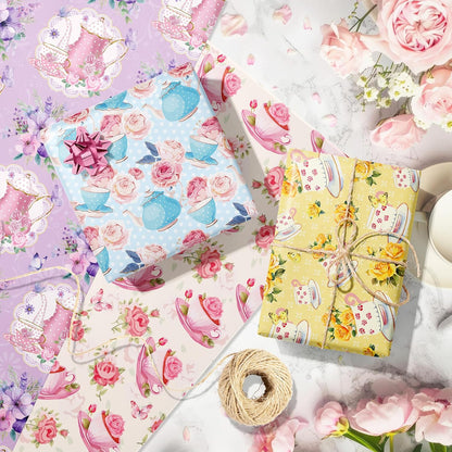 Tea Party Wrapping Papers - 6 Sheets 27” x 20” Elegant Teapot & Pink Floral Gift Wrap Paper for Tea Party, Birthday, Wedding, Bridal Shower Baby Shower, Garden Party Favors