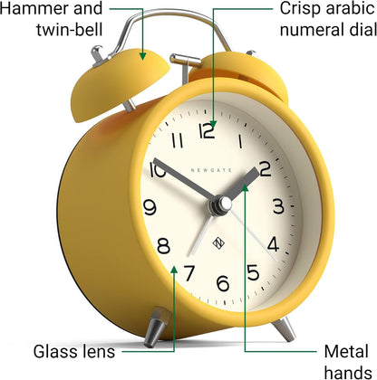 ® Charlie Bell Echo Alarm Clock | Modern take on Classic Twin Bell Clock | Yellow | Easy to Read Numbers | Ideal for Bedside, Desk or Shelf | Modern Retro Bedroom & Office Accessory