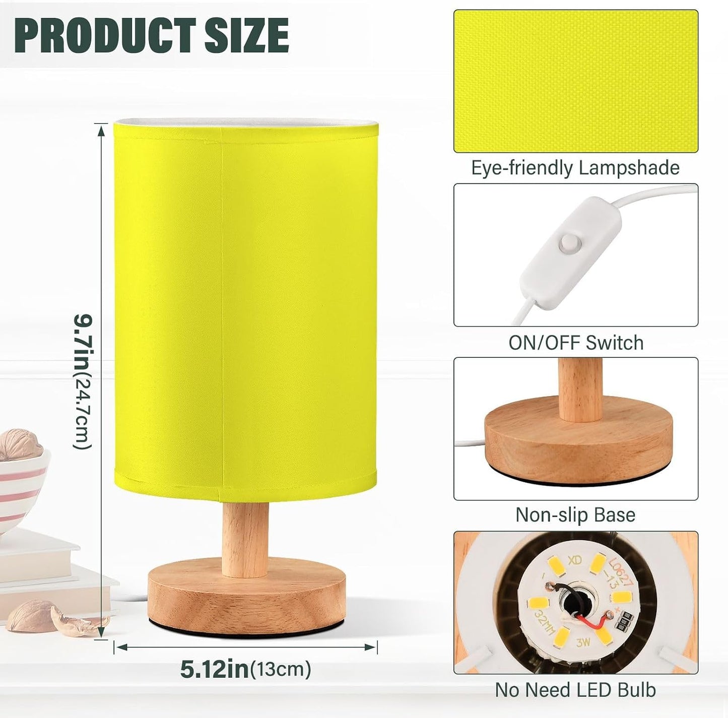 Bright Yellow Print Bedside Table Lamp for Bedroom Small Lamps for Nightstand Lamp with Fabric Lampshade LED Desk Lamps for Living Room Office Home Dorm Outdoor