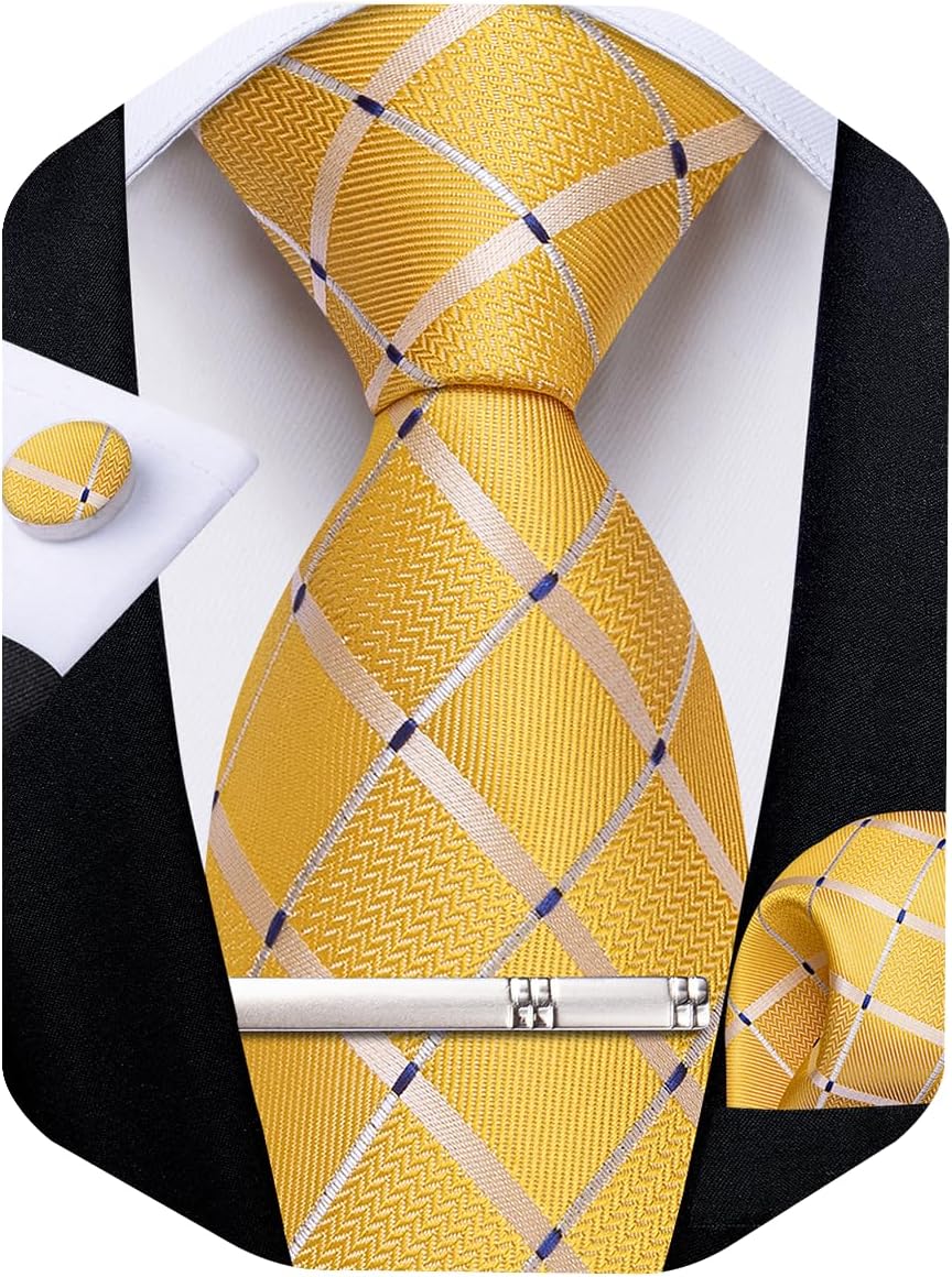 Plaid Necktie Mens Elegant Silk Tie Sets In Gift Box | 5PCS,Plaid Ties for Men,Silky Smooth,Versatile Accessory,Pocket Square,Cufflinks,Formal,Business,Wedding,Ceremonies,Prom