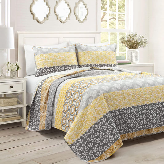 Bohemian Stripe Quilt 3 Piece Set California King, Yellow/Gray - Striped Bedding Set - Yellow Quilt - California King Quilt - Boho Decor