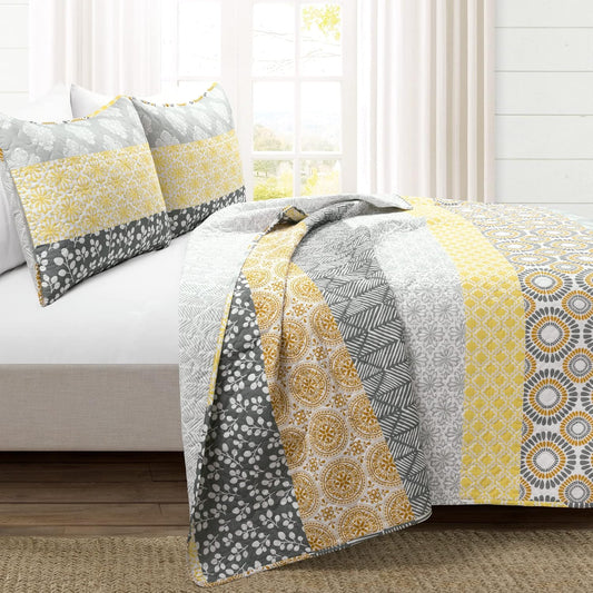 Bohemian Stripe Quilt 3 Piece Set California King, Yellow/Gray - Striped Bedding Set - Yellow Quilt - California King Quilt - Boho Decor