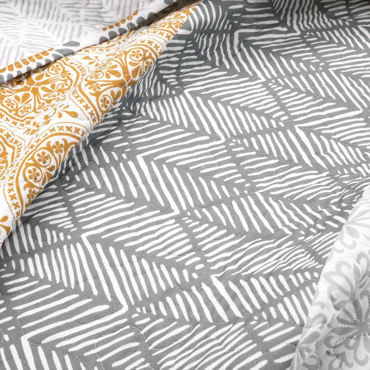 Bohemian Stripe Quilt 3 Piece Set California King, Yellow/Gray - Striped Bedding Set - Yellow Quilt - California King Quilt - Boho Decor