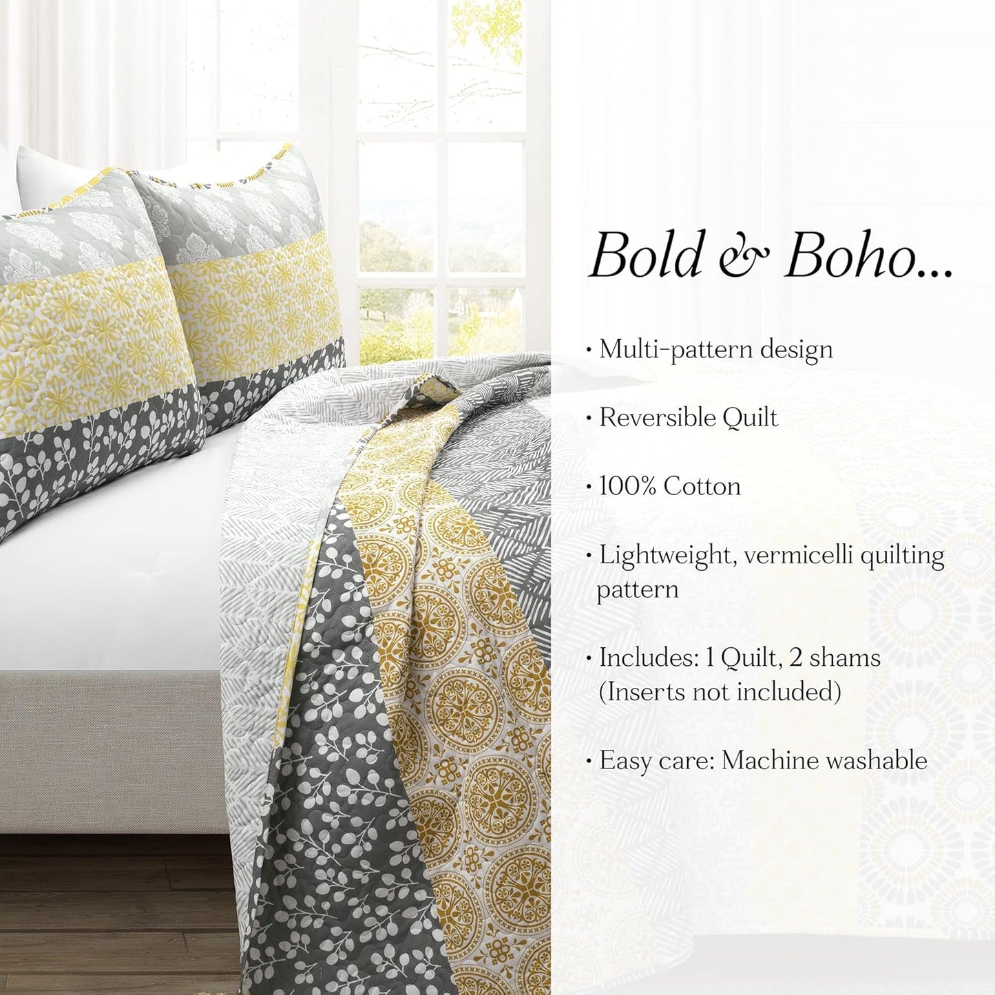 Bohemian Stripe Quilt 3 Piece Set California King, Yellow/Gray - Striped Bedding Set - Yellow Quilt - California King Quilt - Boho Decor