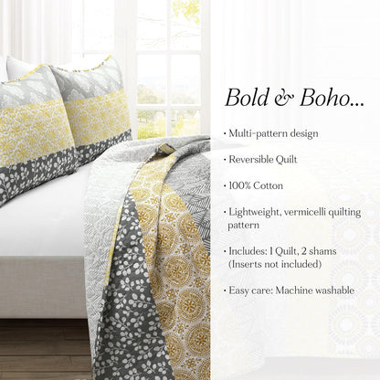 Bohemian Stripe Quilt 3 Piece Set California King, Yellow/Gray - Striped Bedding Set - Yellow Quilt - California King Quilt - Boho Decor