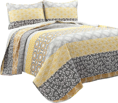Bohemian Stripe Quilt 3 Piece Set California King, Yellow/Gray - Striped Bedding Set - Yellow Quilt - California King Quilt - Boho Decor