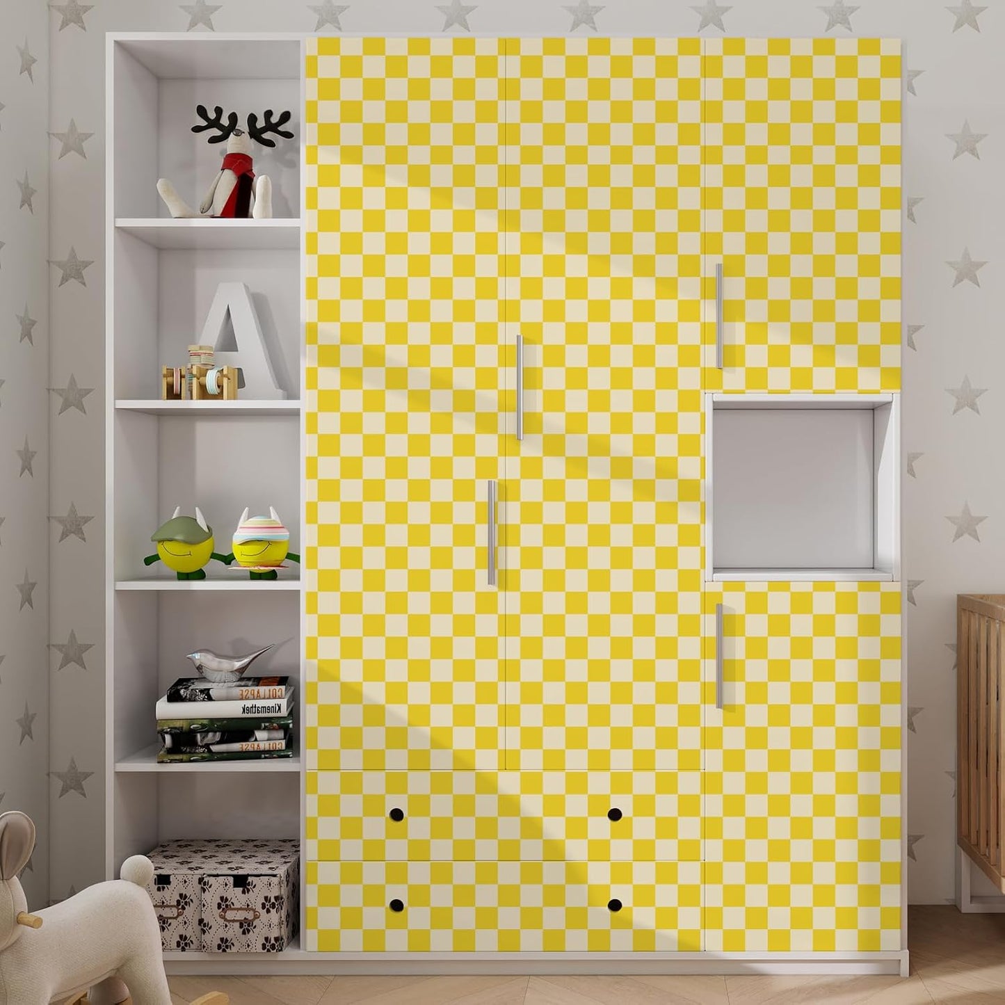 CAX Checkered Peel and Stick Wallpaper Checkerboard Wallpaper 17.3''x 120'' Yellow Mosaic Checkered Contact Paper Modern Self-Adhesive Vinyl Removable Wall Paper for Shelf Liner,Classroom,Cabinets