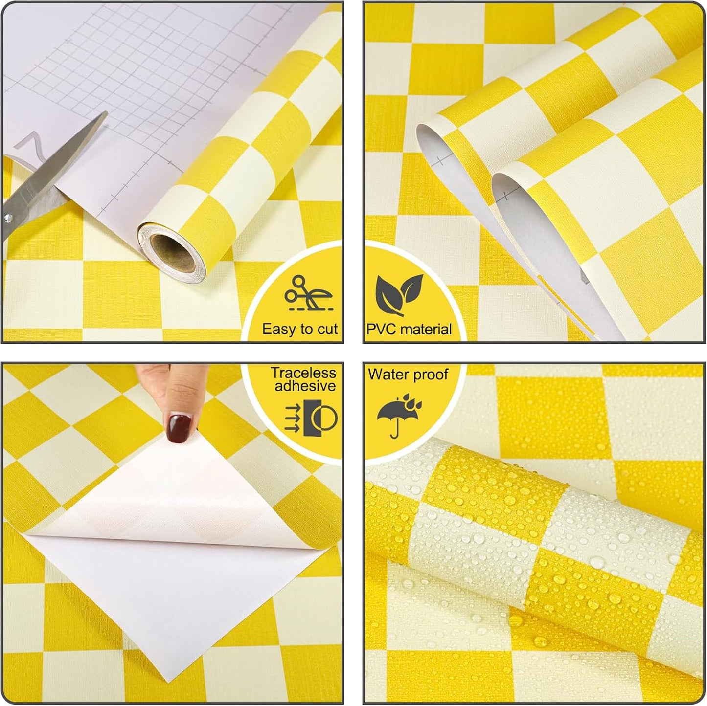 CAX Checkered Peel and Stick Wallpaper Checkerboard Wallpaper 17.3''x 120'' Yellow Mosaic Checkered Contact Paper Modern Self-Adhesive Vinyl Removable Wall Paper for Shelf Liner,Classroom,Cabinets