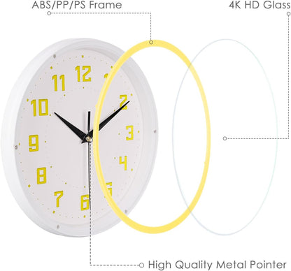 Silent Round Wall Clock Kitchen 9 Inch Modern Style Non-Ticking Decorative Bedroom Office Study Room Kitchen Wall Clock- Lemon Yellow