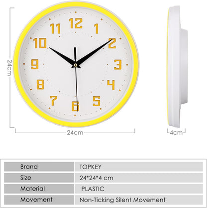 Silent Round Wall Clock Kitchen 9 Inch Modern Style Non-Ticking Decorative Bedroom Office Study Room Kitchen Wall Clock- Lemon Yellow