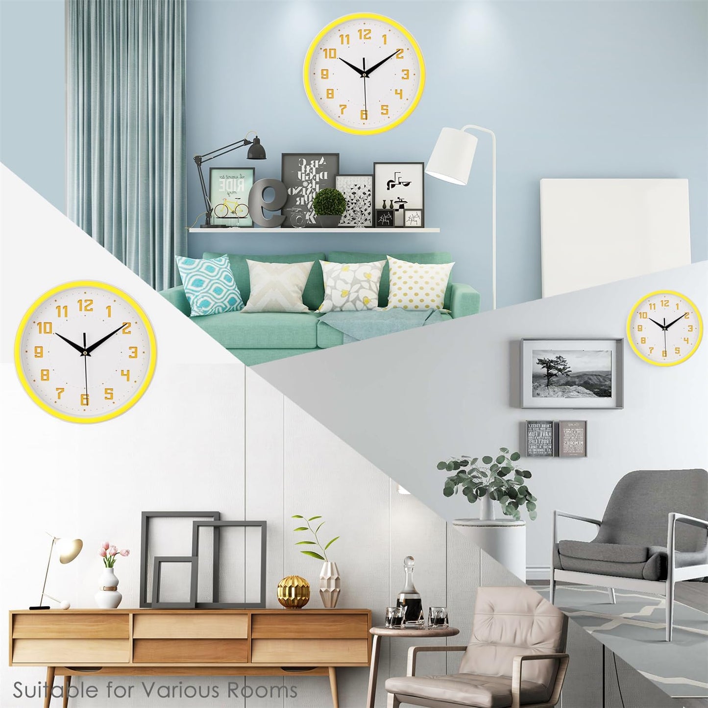 Silent Round Wall Clock Kitchen 9 Inch Modern Style Non-Ticking Decorative Bedroom Office Study Room Kitchen Wall Clock- Lemon Yellow