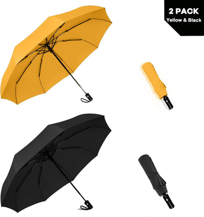 Two Packs Auto Open & Close Small Travel Umbrella for Backpack-Umbrellas for Rain, Windproof Lightweight Strong Mini Portable Umbrellas for Men and Women.(Black & Yellow, 2 Pack)
