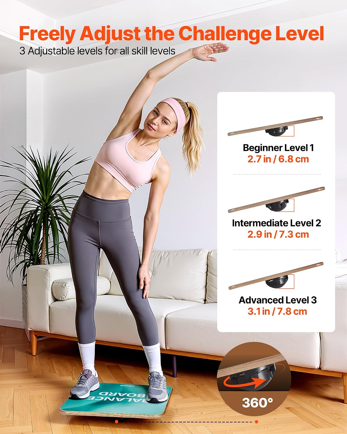 Balance Board, 360° Rotating Wobble Board Trainer for Adults 3-Level Adjustable, Wooden Balance Training Equipment, Slip-Resistant Surface for Core Workout, Standing Desk Exercise, Home Gym