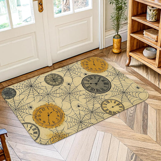 Clock Area Rug, Halloween Vintage Spider Web Halloween Yellow Non-Slip Soft Doormat Throw Rug Stain Resistant Bathroom Entryway Bedside Laundry Room Decor 2' X 3'