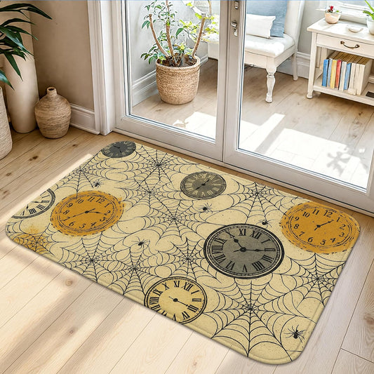 Clock Area Rug, Halloween Vintage Spider Web Halloween Yellow Non-Slip Soft Doormat Throw Rug Stain Resistant Bathroom Entryway Bedside Laundry Room Decor 2' X 3'