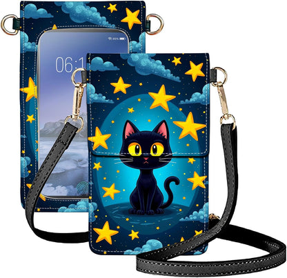 Crossbody Phone Case, Black Cat Among Yellow Stars RFID Blocking Crossbody Bag with Card Slots & Phone Holder, Waterproof Anti-Theft Touch Screen Phone Purse for Women