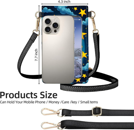 Crossbody Phone Case, Black Cat Among Yellow Stars RFID Blocking Crossbody Bag with Card Slots & Phone Holder, Waterproof Anti-Theft Touch Screen Phone Purse for Women
