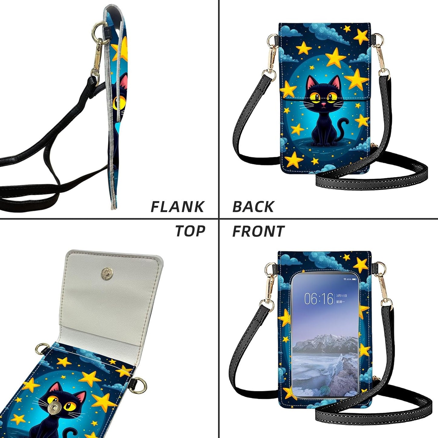 Crossbody Phone Case, Black Cat Among Yellow Stars RFID Blocking Crossbody Bag with Card Slots & Phone Holder, Waterproof Anti-Theft Touch Screen Phone Purse for Women