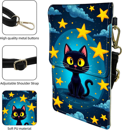 Crossbody Phone Case, Black Cat Among Yellow Stars RFID Blocking Crossbody Bag with Card Slots & Phone Holder, Waterproof Anti-Theft Touch Screen Phone Purse for Women