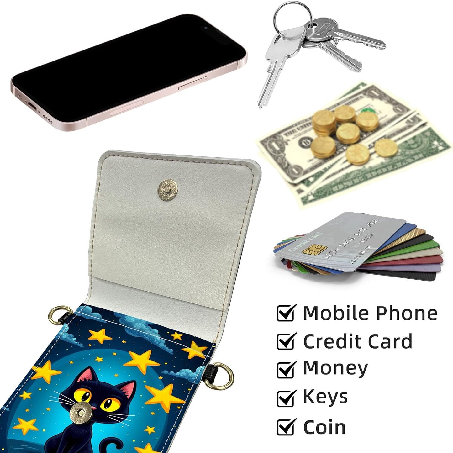 Crossbody Phone Case, Black Cat Among Yellow Stars RFID Blocking Crossbody Bag with Card Slots & Phone Holder, Waterproof Anti-Theft Touch Screen Phone Purse for Women