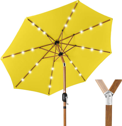 10ft Solar Market Patio Umbrella w/Woodgrain Pattern Pole, LED Lights, Tilt & Crank - Outdoor Sun Shade for Backyard Table, Deck, Poolside - Yellow