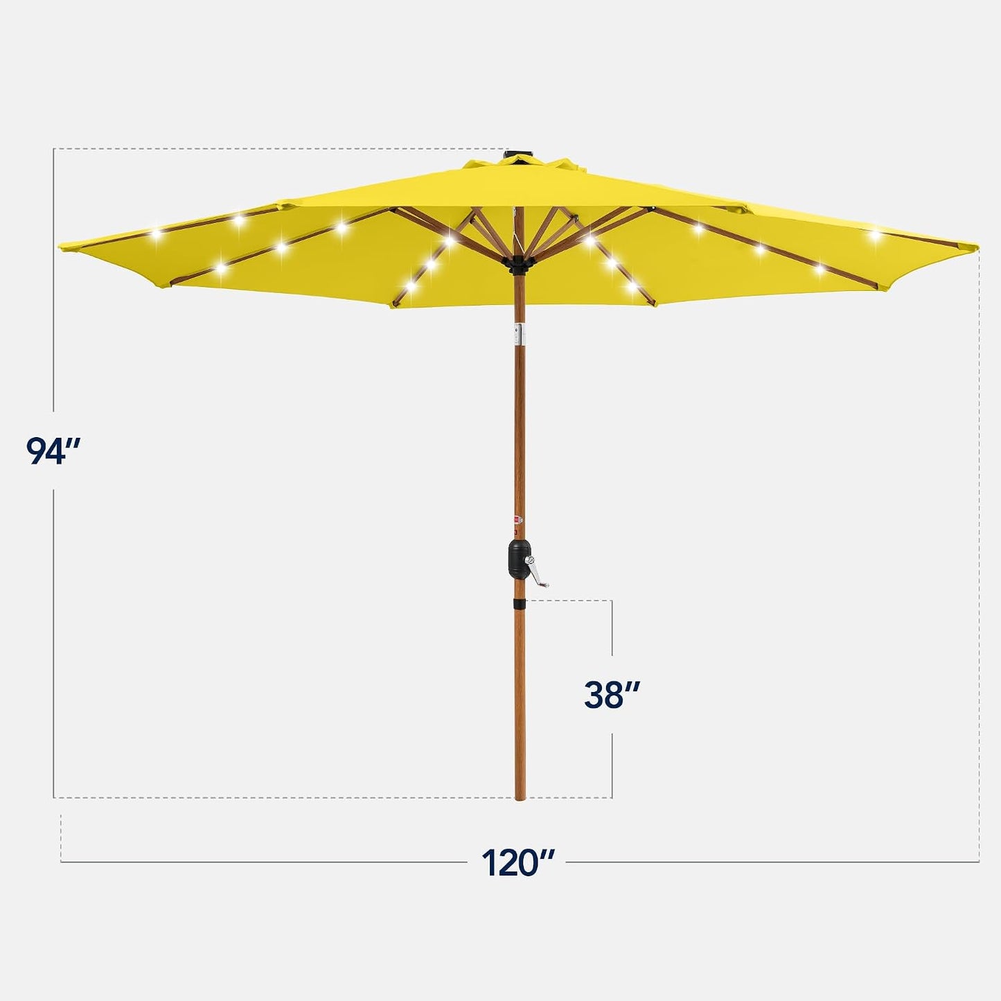 10ft Solar Market Patio Umbrella w/Woodgrain Pattern Pole, LED Lights, Tilt & Crank - Outdoor Sun Shade for Backyard Table, Deck, Poolside - Yellow