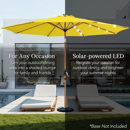 10ft Solar Market Patio Umbrella w/Woodgrain Pattern Pole, LED Lights, Tilt & Crank - Outdoor Sun Shade for Backyard Table, Deck, Poolside - Yellow
