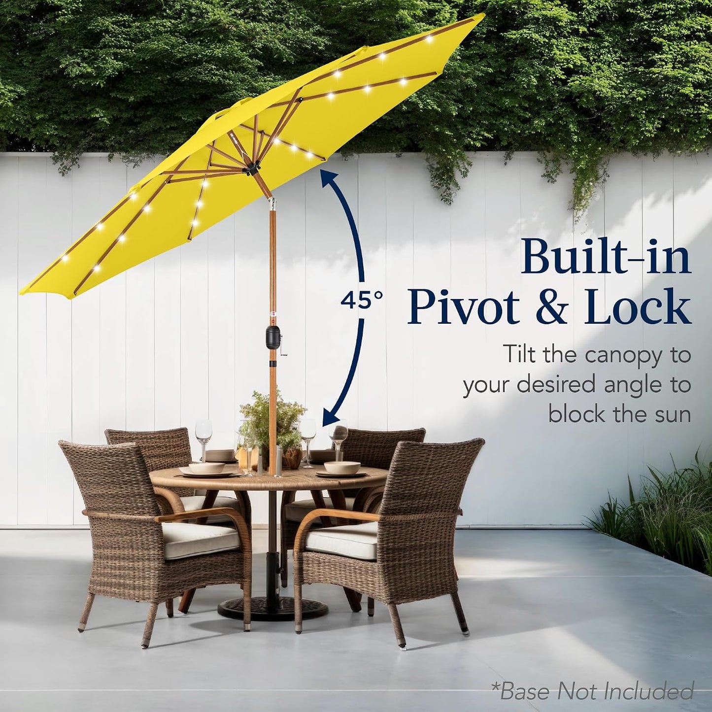 10ft Solar Market Patio Umbrella w/Woodgrain Pattern Pole, LED Lights, Tilt & Crank - Outdoor Sun Shade for Backyard Table, Deck, Poolside - Yellow