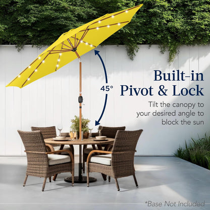 10ft Solar Market Patio Umbrella w/Woodgrain Pattern Pole, LED Lights, Tilt & Crank - Outdoor Sun Shade for Backyard Table, Deck, Poolside - Yellow
