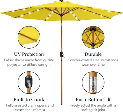10ft Solar Market Patio Umbrella w/Woodgrain Pattern Pole, LED Lights, Tilt & Crank - Outdoor Sun Shade for Backyard Table, Deck, Poolside - Yellow