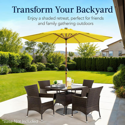 10ft Solar Market Patio Umbrella w/Woodgrain Pattern Pole, LED Lights, Tilt & Crank - Outdoor Sun Shade for Backyard Table, Deck, Poolside - Yellow