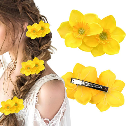 1Pcs Yellow Flower Hair Clip Hawaiian Flower Hair Clips for Women Double Flowers Clips Barrettes Floral Side Clip Barrette Hairclip Hair Accessories for Beach Wedding