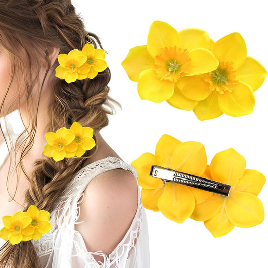 1Pcs Yellow Flower Hair Clip Hawaiian Flower Hair Clips for Women Double Flowers Clips Barrettes Floral Side Clip Barrette Hairclip Hair Accessories for Beach Wedding