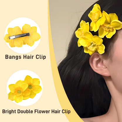 1Pcs Yellow Flower Hair Clip Hawaiian Flower Hair Clips for Women Double Flowers Clips Barrettes Floral Side Clip Barrette Hairclip Hair Accessories for Beach Wedding